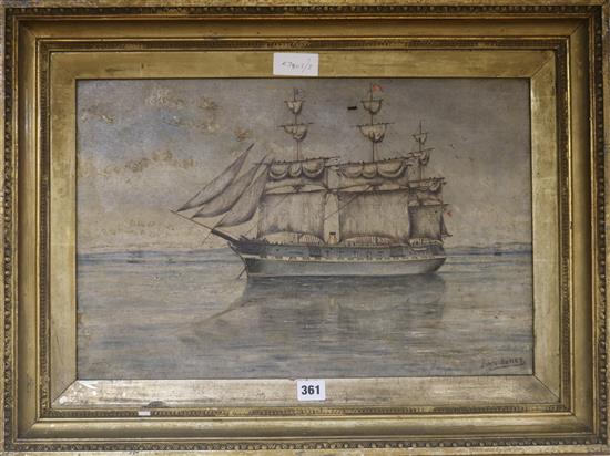 John Jones Sail and steam ship at anchor 34 x 52cm